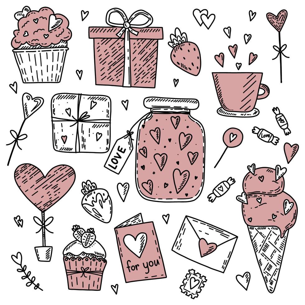 Set of vector hand drawn elements about love. Happy Valentine's Day background with pink
