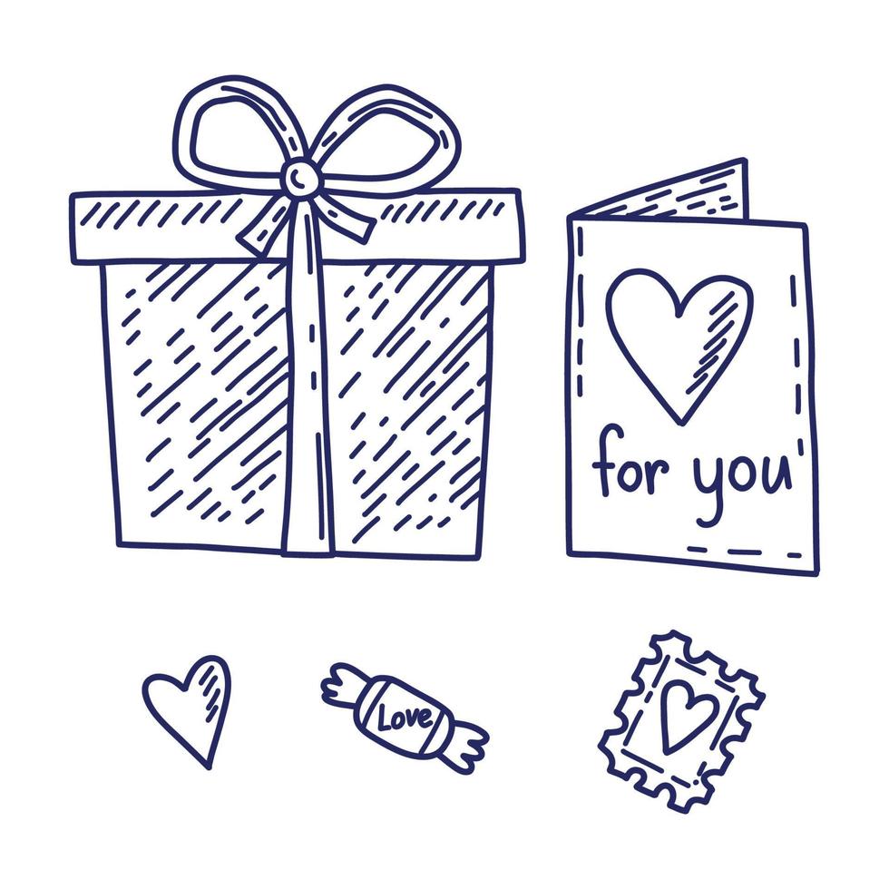 Set of vector blue doodle elements about love with hearts. Happy Valentine's Day background