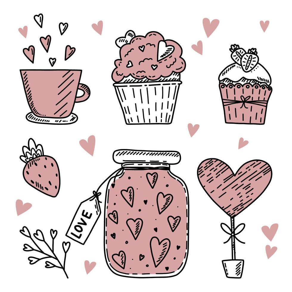 Set of vector hand drawn elements about love. Happy Valentine's Day background with pink