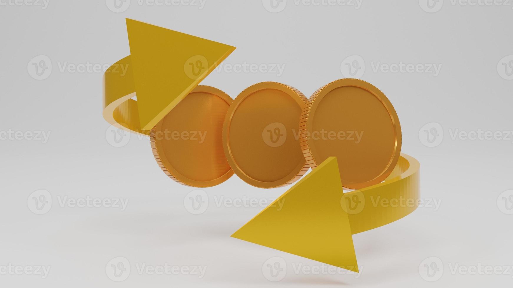 Coins floating with gold arrows in isolate white background.Cashback and return in online shopping Concept. 3D rendering illustration photo