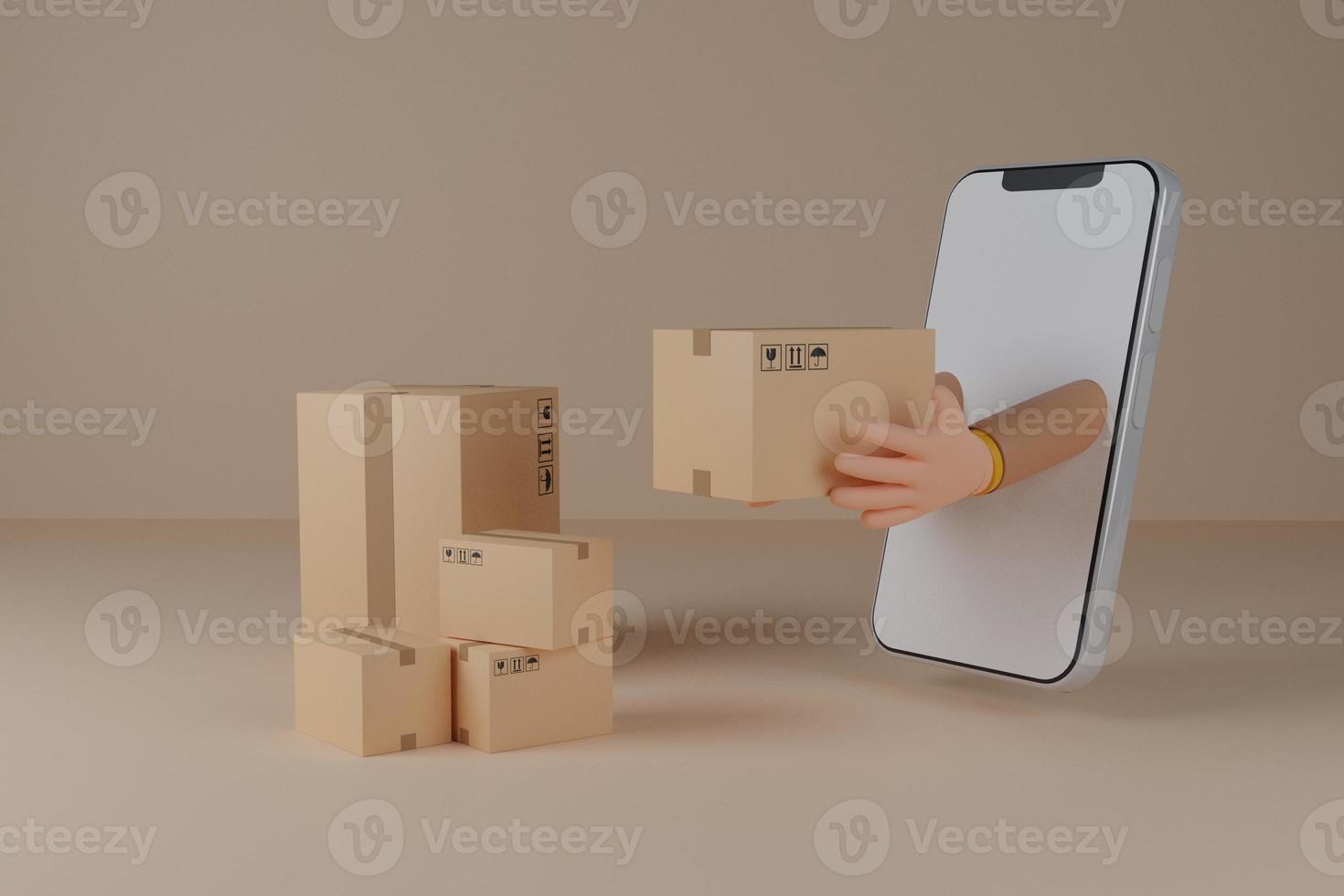 Deliveryman hands the parcel box on Smartphone with blank display.Concept for fast delivery service.delivery and shopping online concept.3D rendering illustration photo