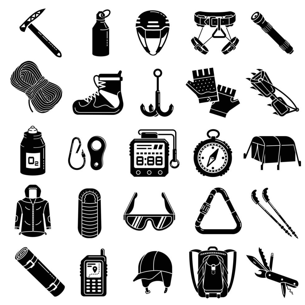 Mountaineering equipment icon set, simple style vector