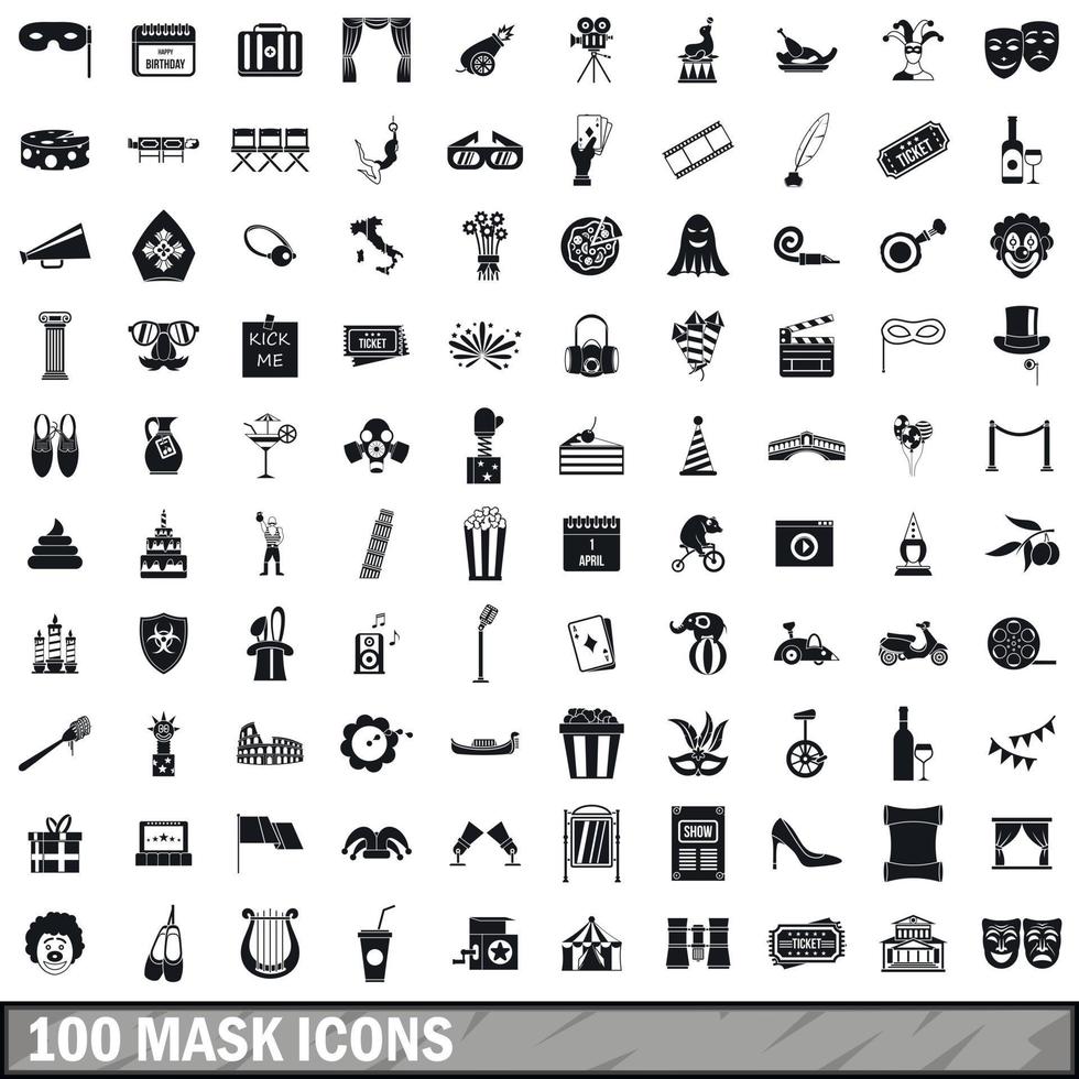 100 mask icons set, simple style vector