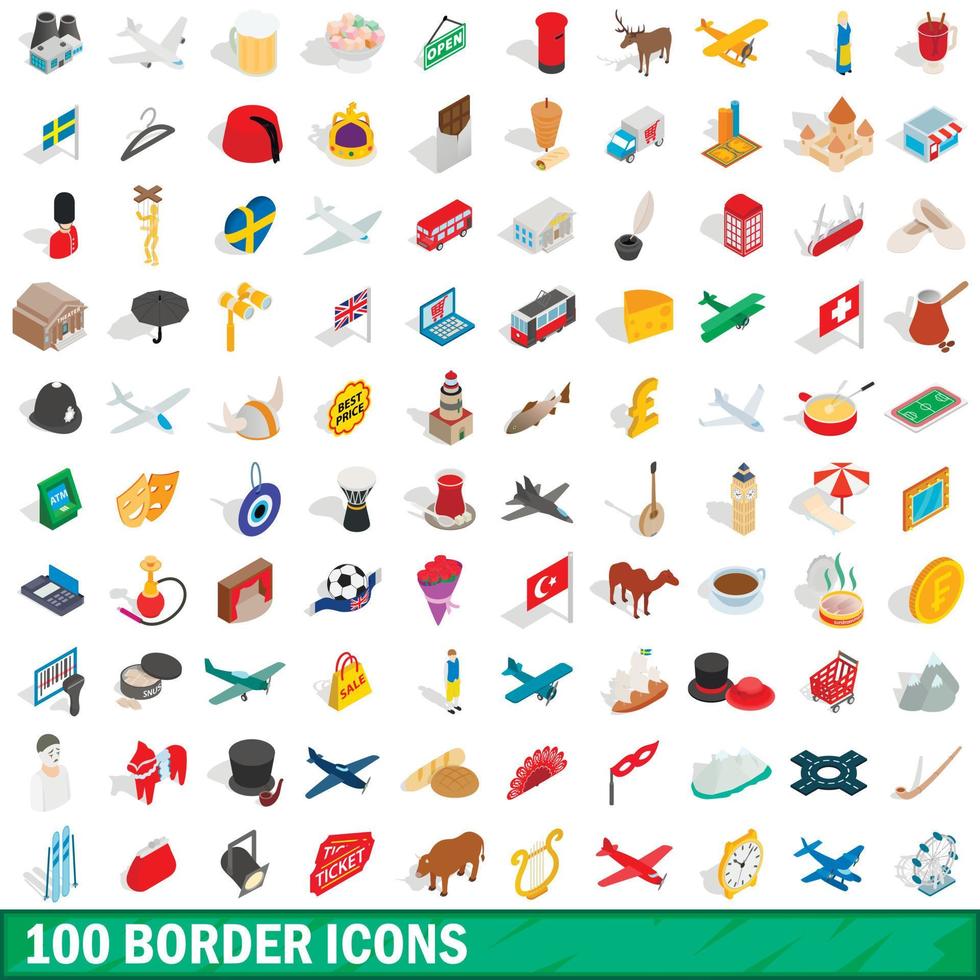 100 iconos de borde establecidos, estilo 3d isométrico vector