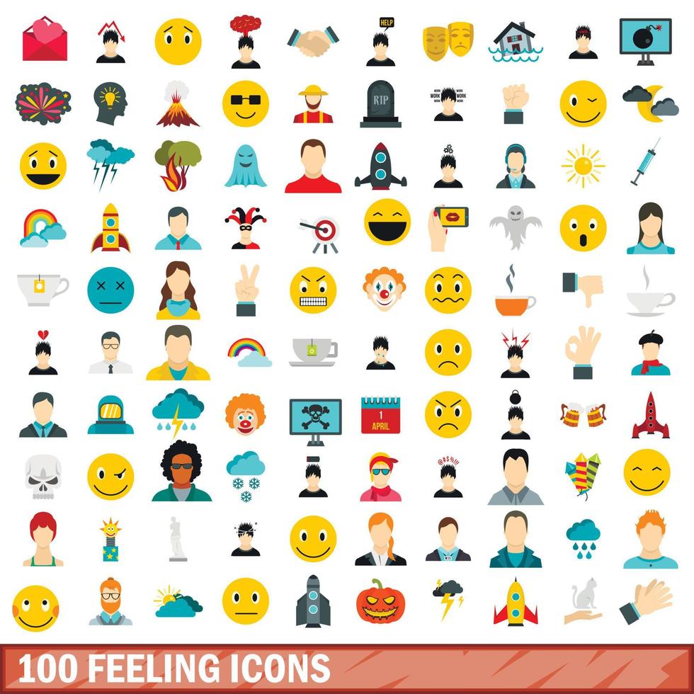 100 iconos de sentimientos, estilo plano vector