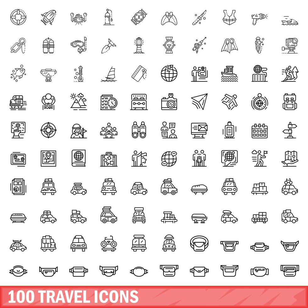 100 iconos de viaje, estilo de esquema vector