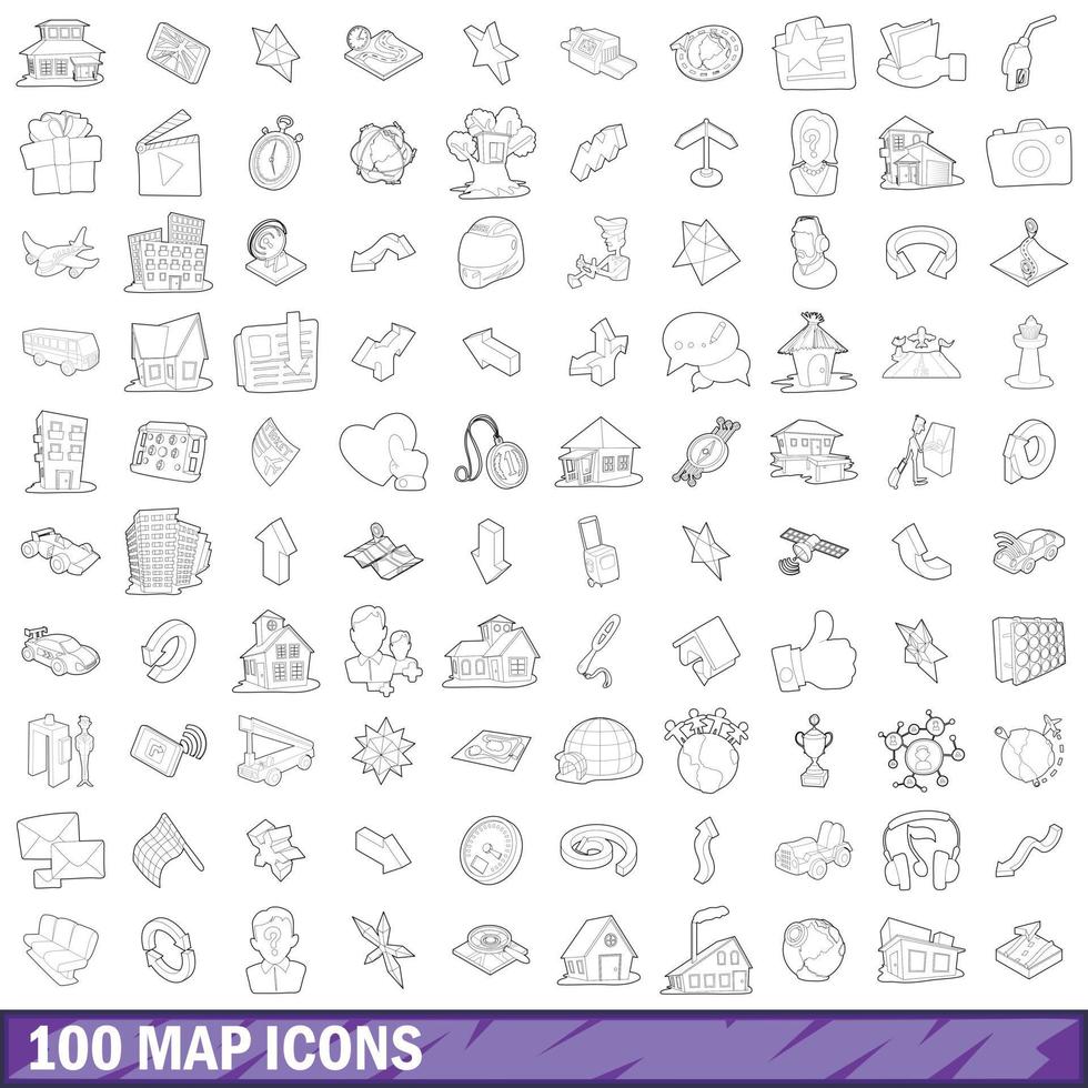 100 map icons set, outline style vector