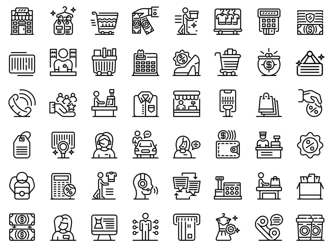 Shop assistant icons set, outline style vector