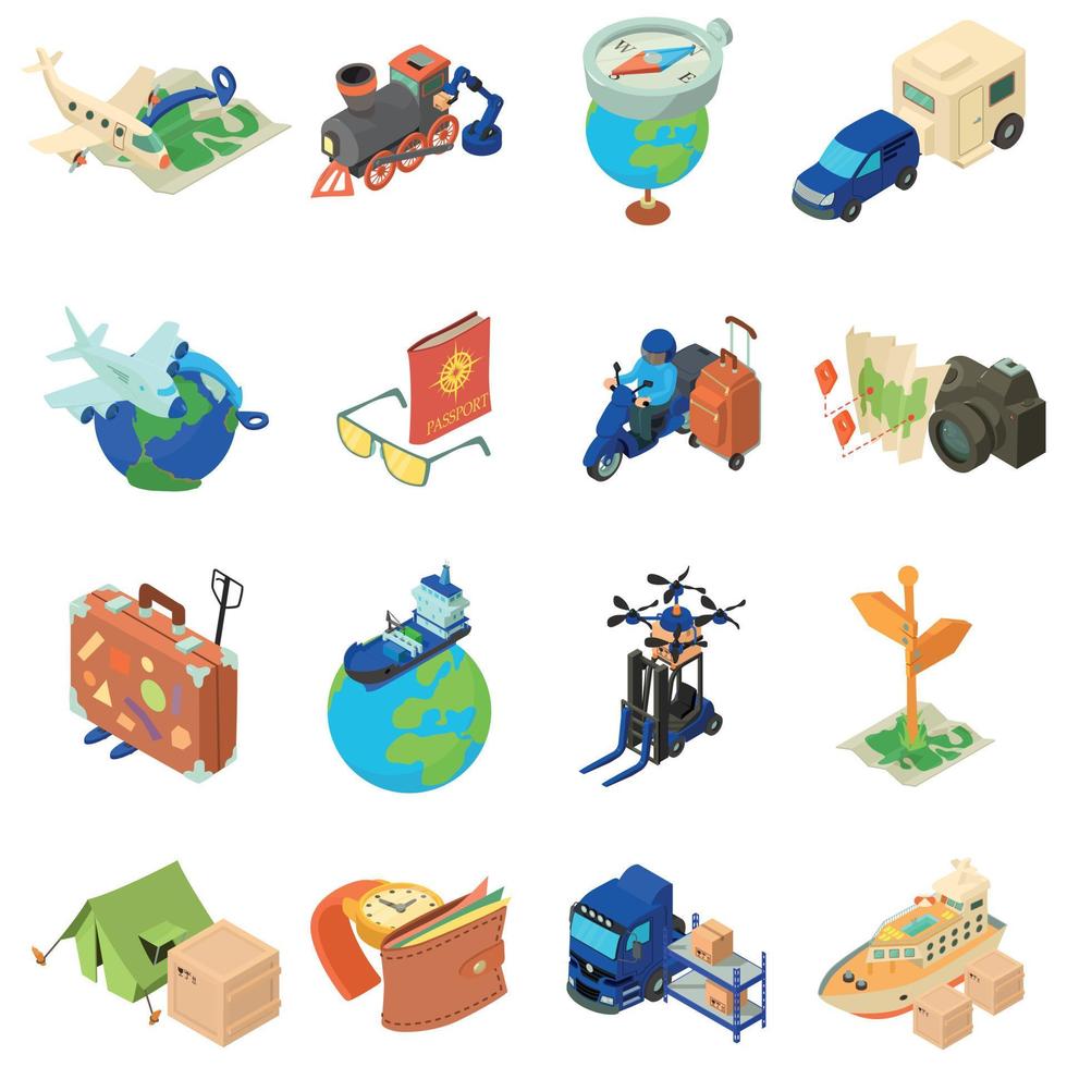 World travel icons set, isometric style vector
