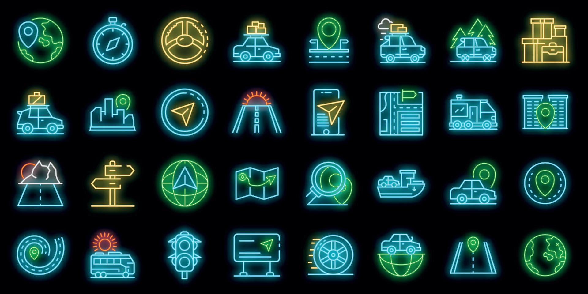 viaje en coche, iconos, conjunto, vector, neón vector