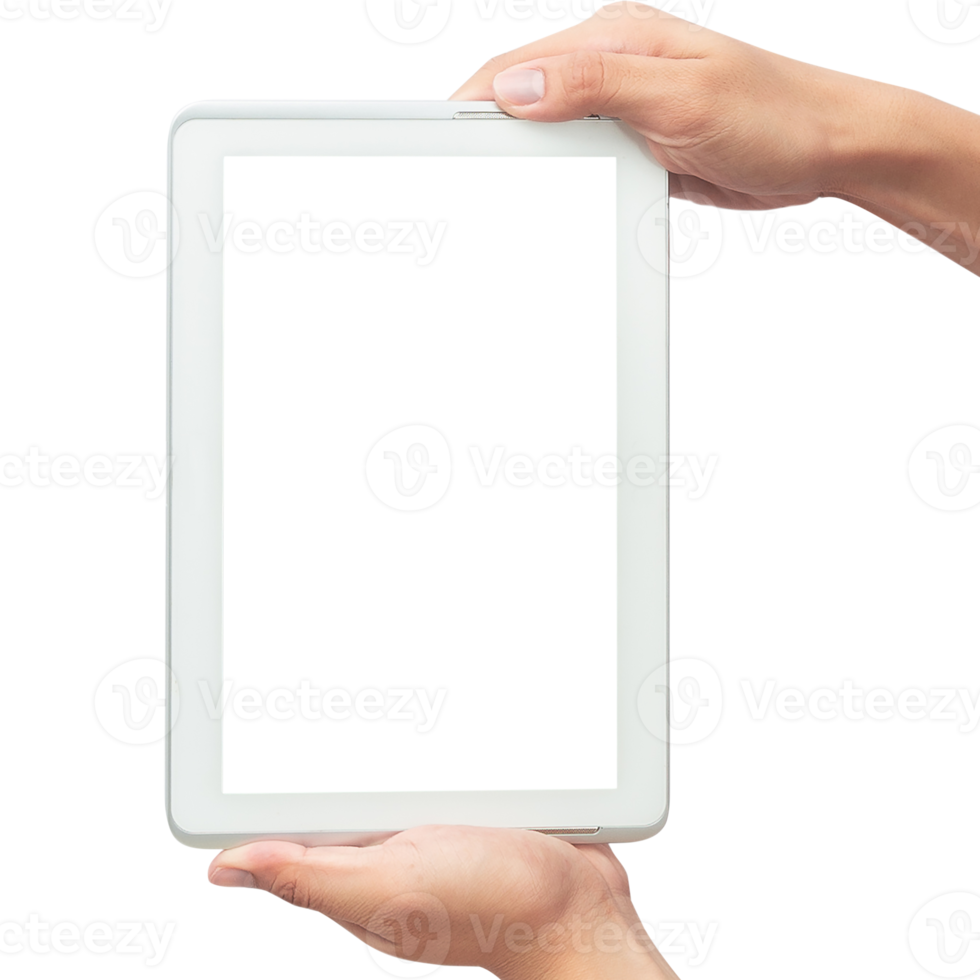 Hand holding tablet computer with screen mockup png