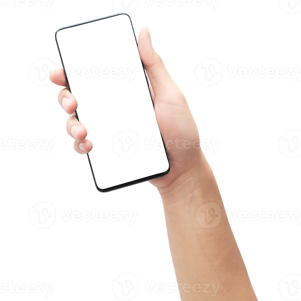Hand holding smartphone with screen mockup png