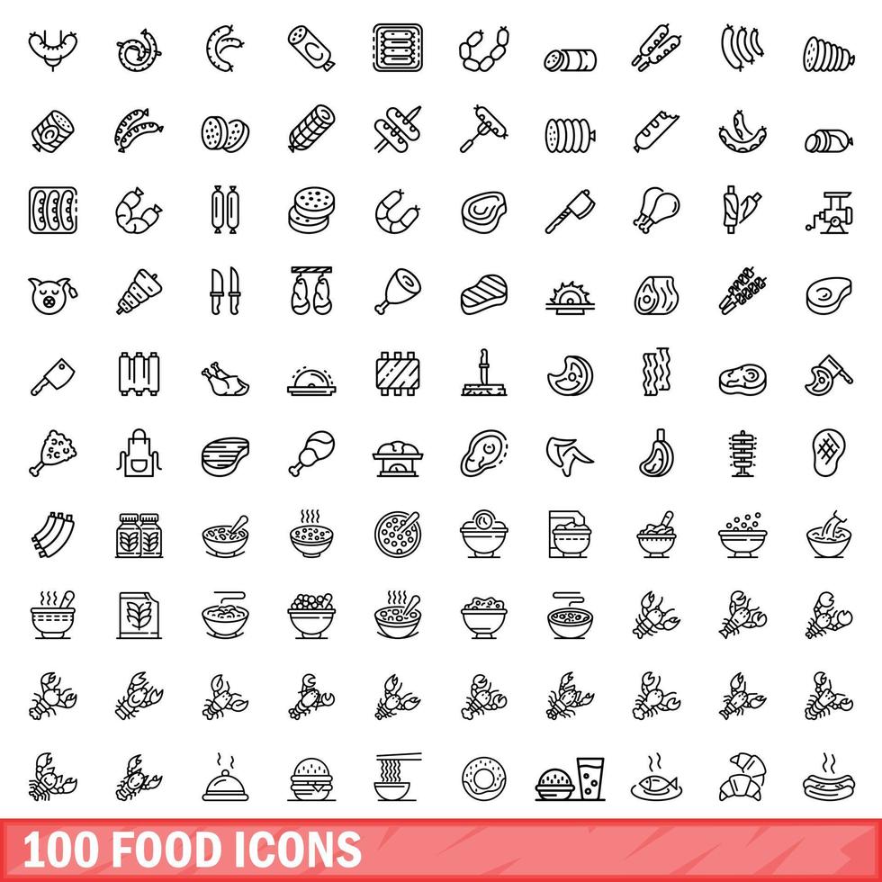 100 food icons set, outline style vector