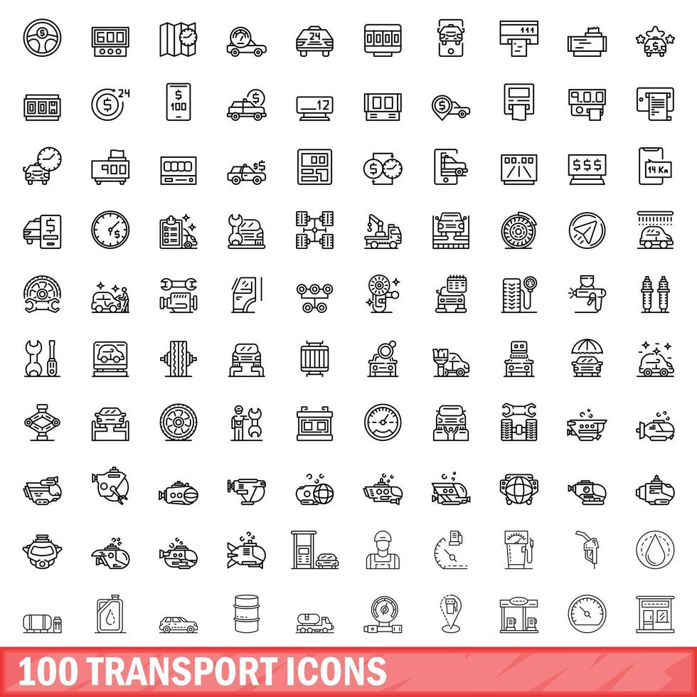 100 transport icons set, outline style vector