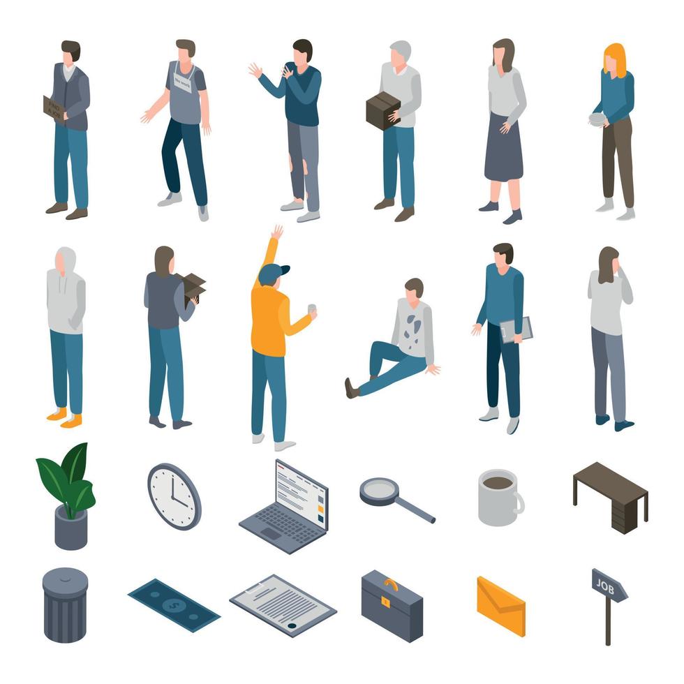 Unemployed icons set, isometric style vector