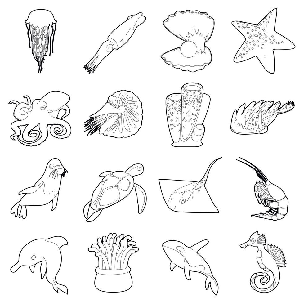 Ocean animals fauna icons set, outline style vector