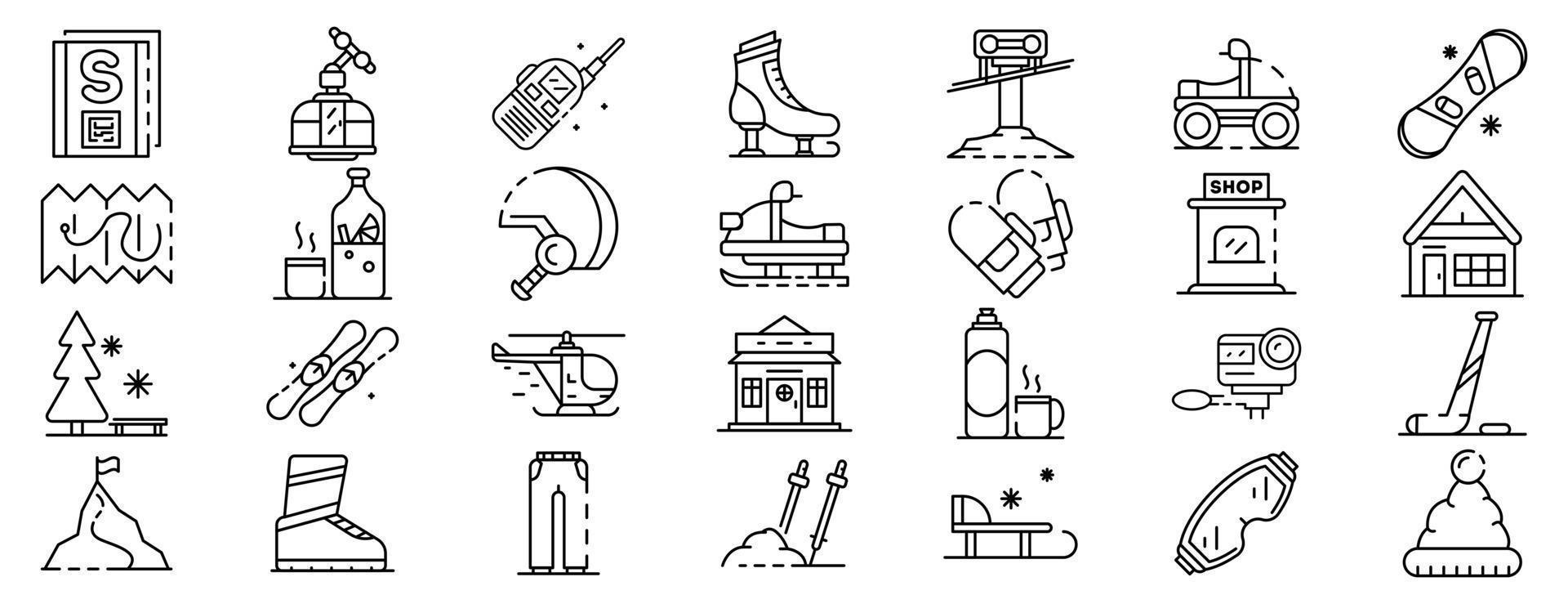 Ski resort icons set, outline style vector
