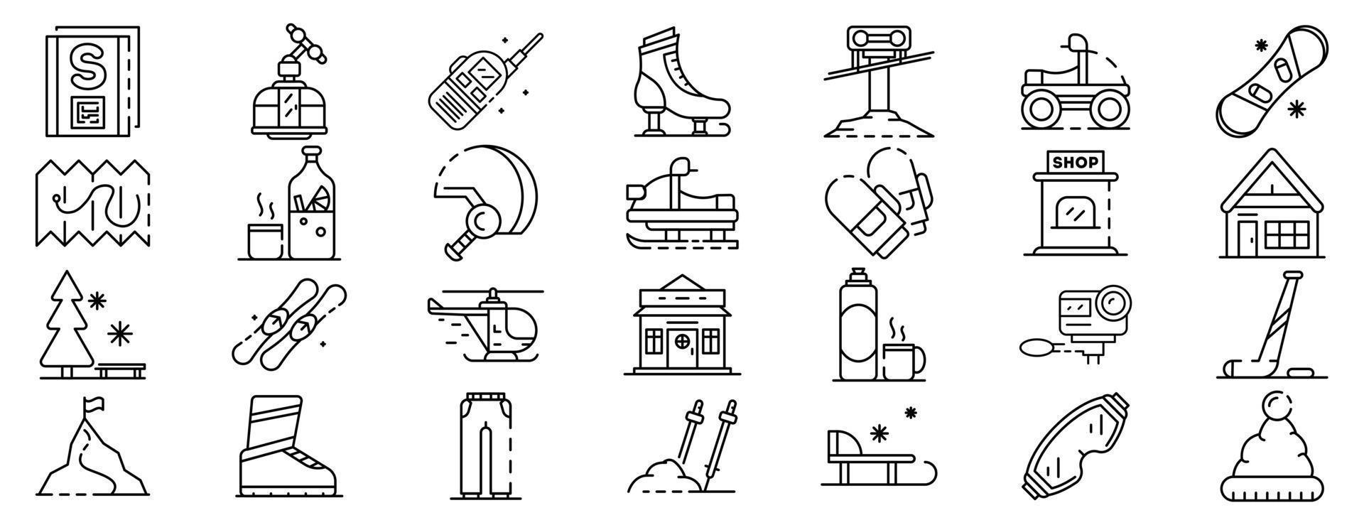 Ski resort icons set, outline style vector