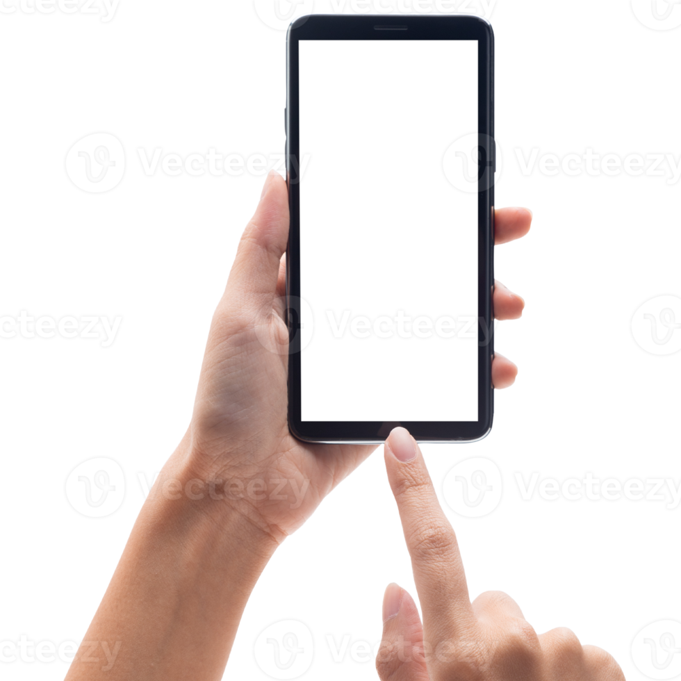 Hand holding and using phone mockup cutout, Png file