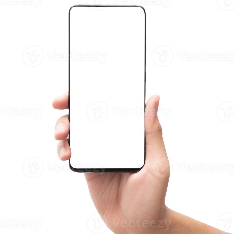 Hand holding smartphone with screen mockup png