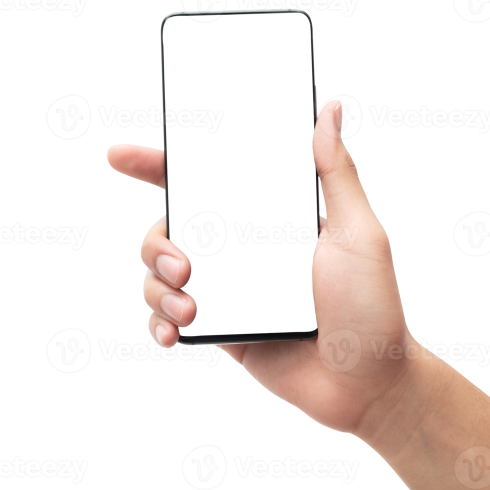 Hand holding smartphone with screen mockup png