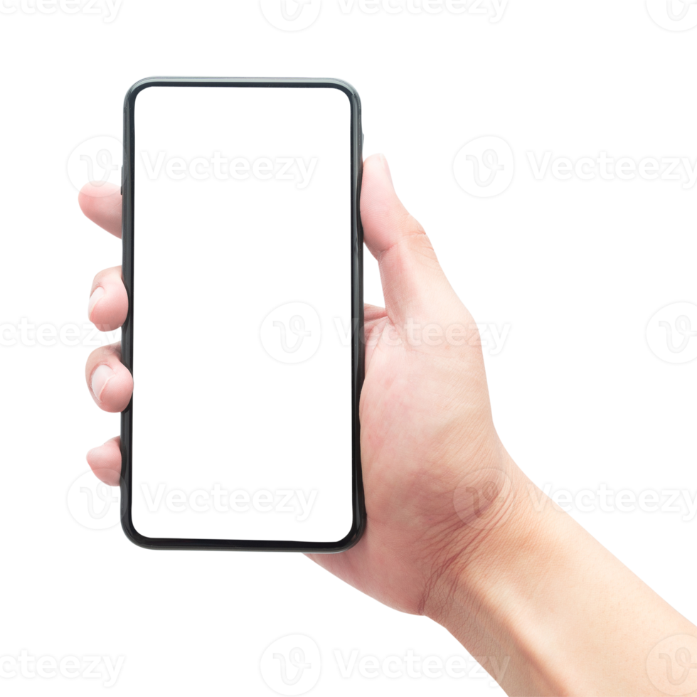 Hand holding smartphone with screen mockup png
