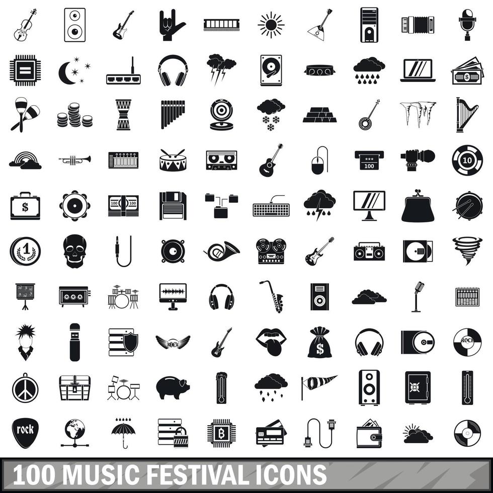 100 music festival icons set, simple style vector