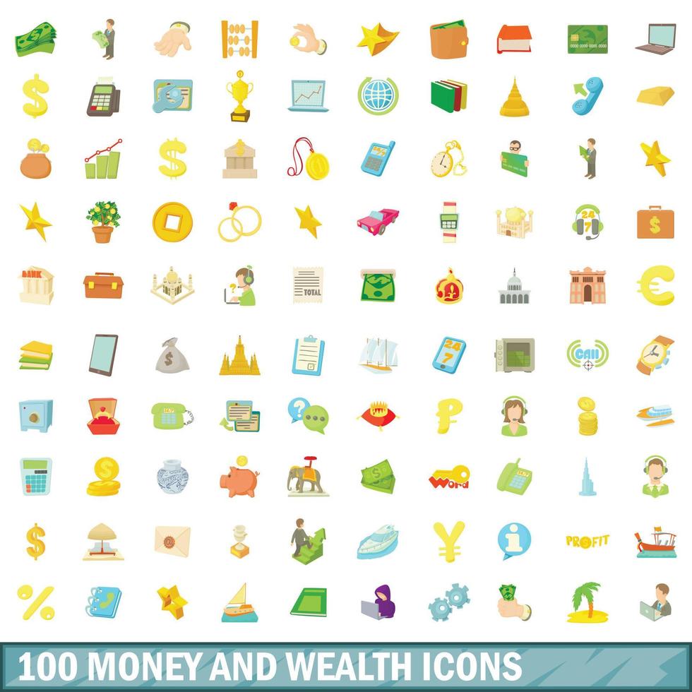 100 iconos de dinero y riqueza, estilo de dibujos animados vector