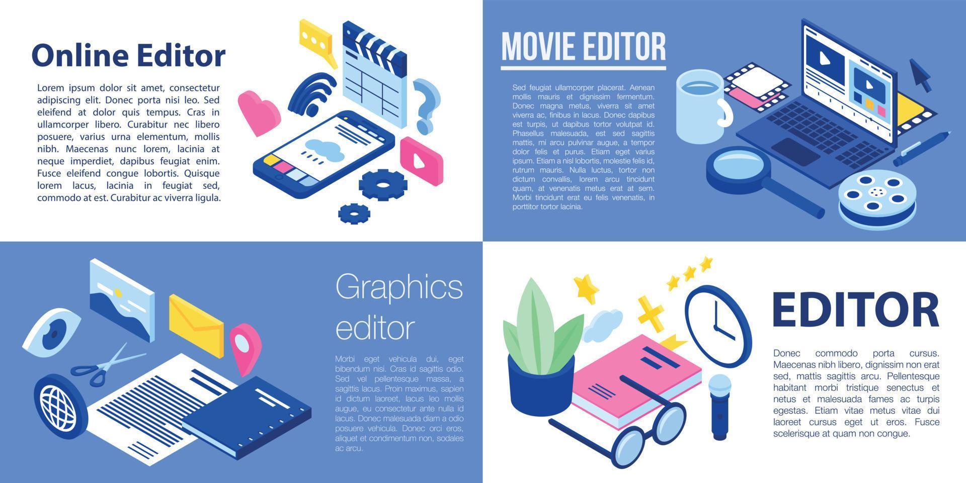 Editor banner set, isometric style vector