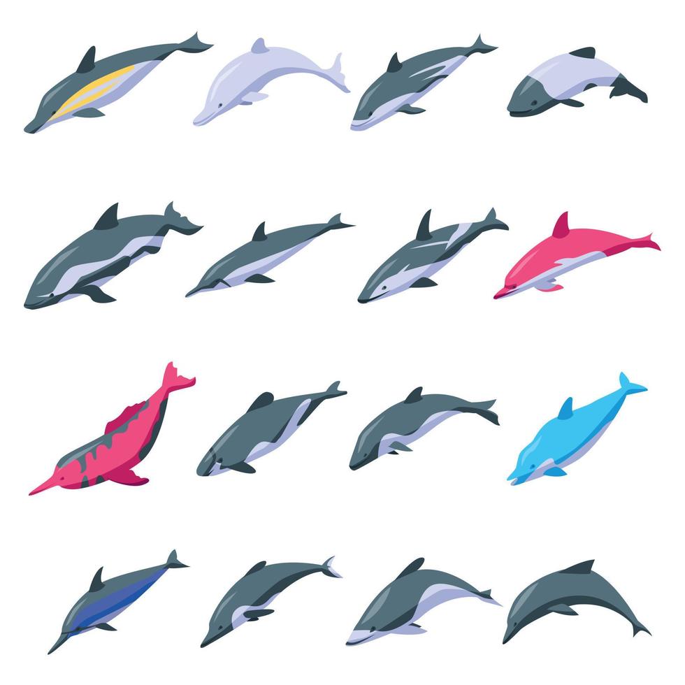 conjunto de iconos de delfines, estilo isométrico vector