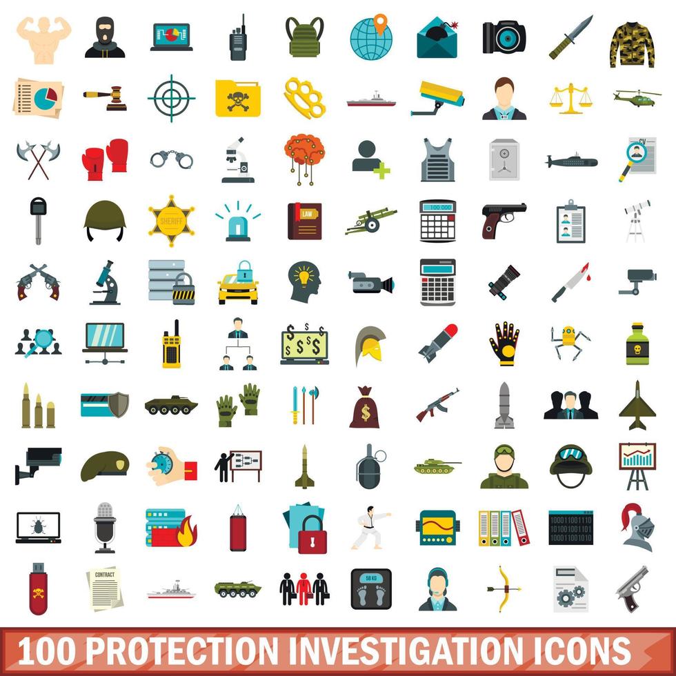 100 conjunto de iconos de investigación de protección, estilo plano vector