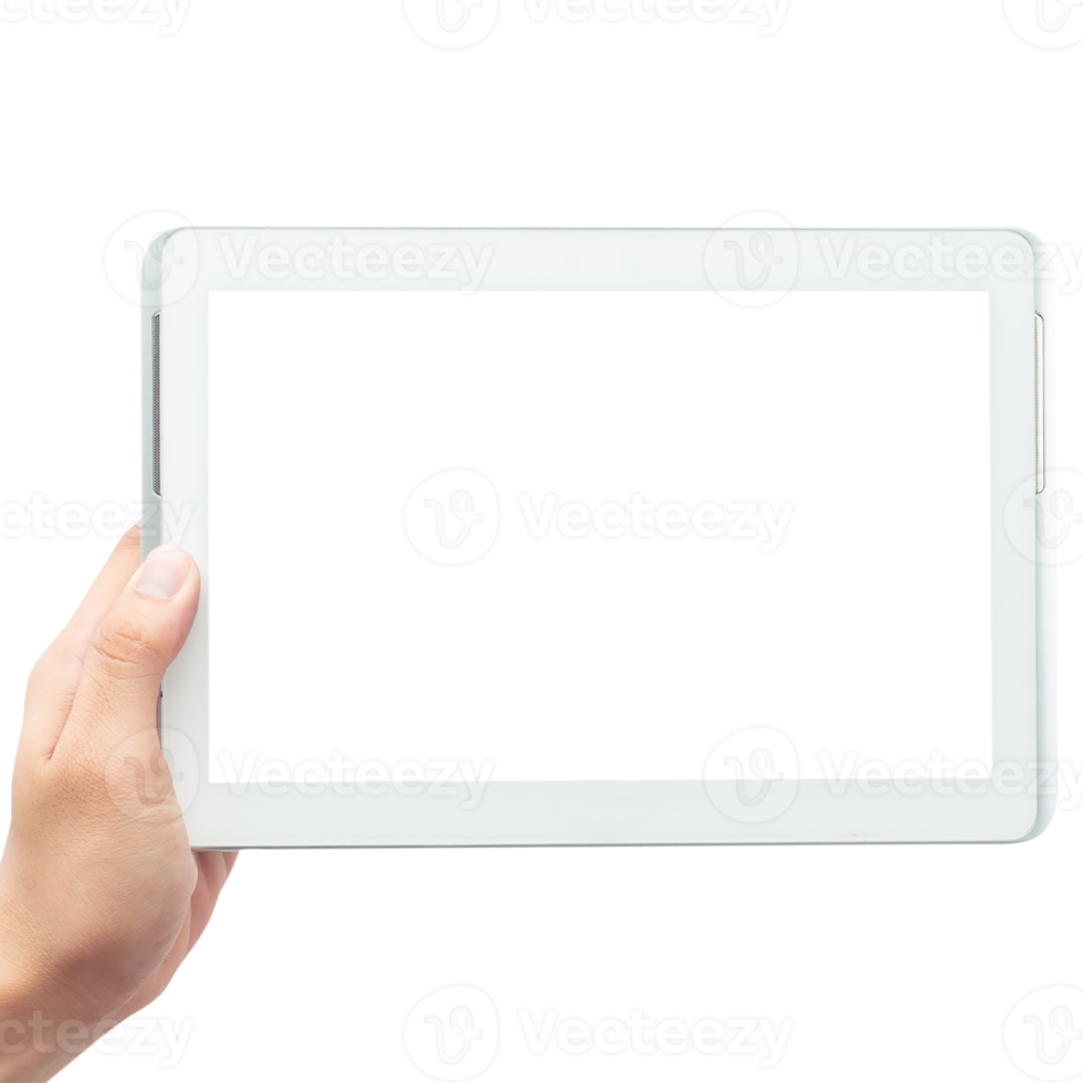 Hand holding tablet computer with screen mockup png