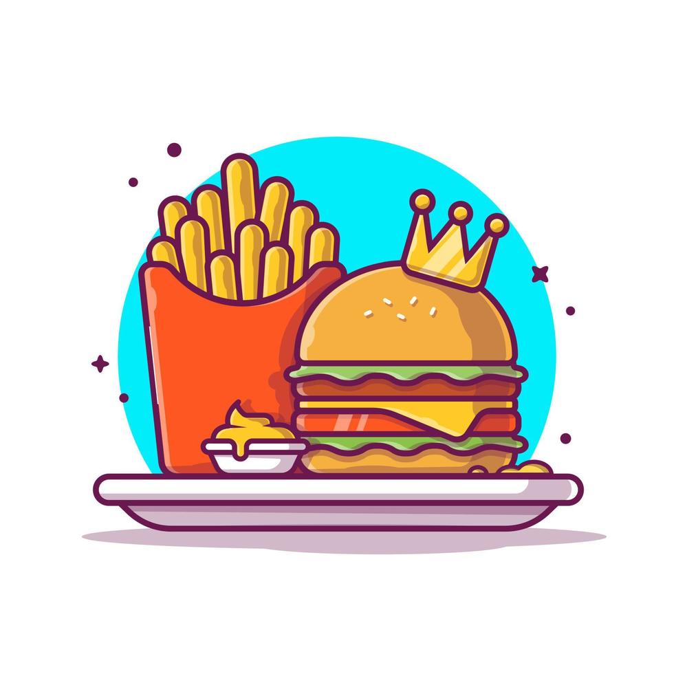 Burger With French Fries Cartoon Vector Icon Illustration.  Food Object Icon Concept Isolated Premium Vector. Flat  Cartoon Style
