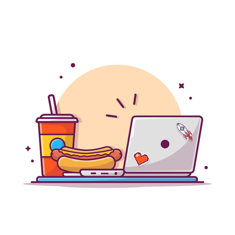 Tasty Hotdog with Mustard, Soda and Online Laptop Cartoon  Vector Icon Illustration. Food Technology Icon Concept  Isolated Premium Vector. Flat Cartoon Style