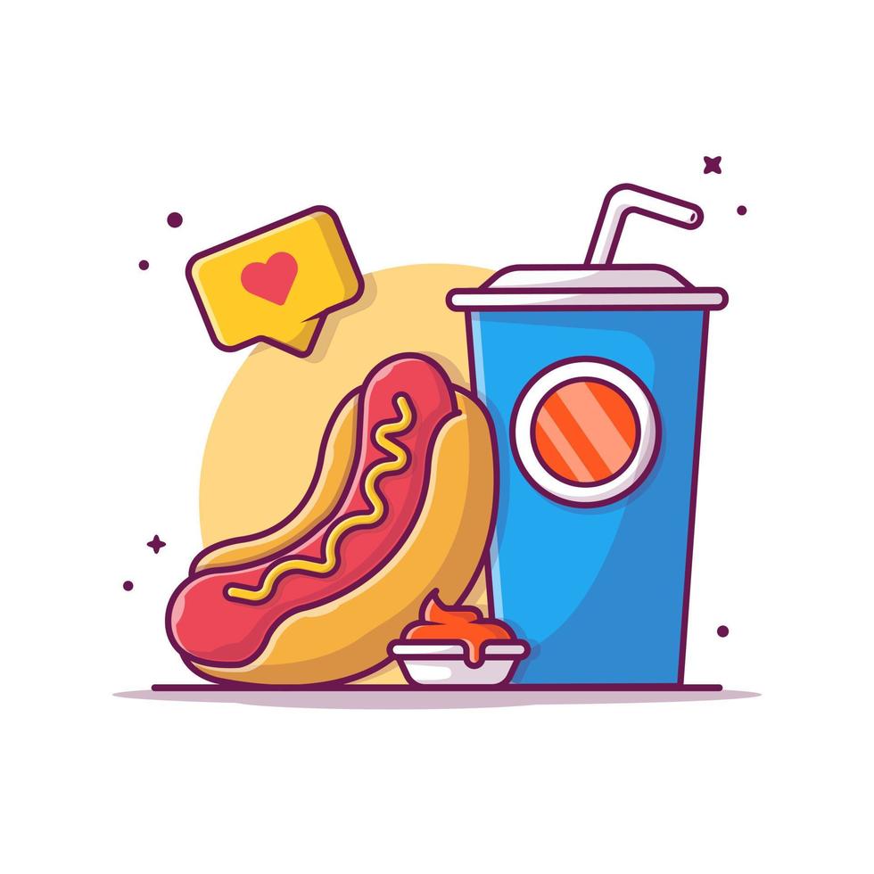 Hot dog, soda And Ketchup Cartoon Vector Icon Illustration. Food And Drink Icon Concept Isolated Premium Vector. Flat Cartoon Style