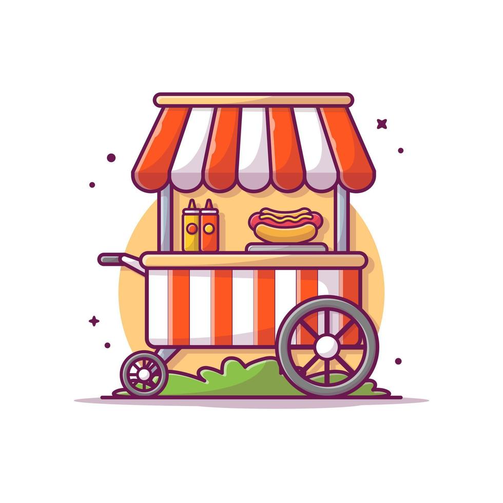 puesto de perritos calientes tienda de comida rápida en la calle con perritos calientes, salsa y dibujos animados de mostaza icono vectorial ilustración. concepto de icono de comida y bebida vector premium aislado. estilo de dibujos animados plana