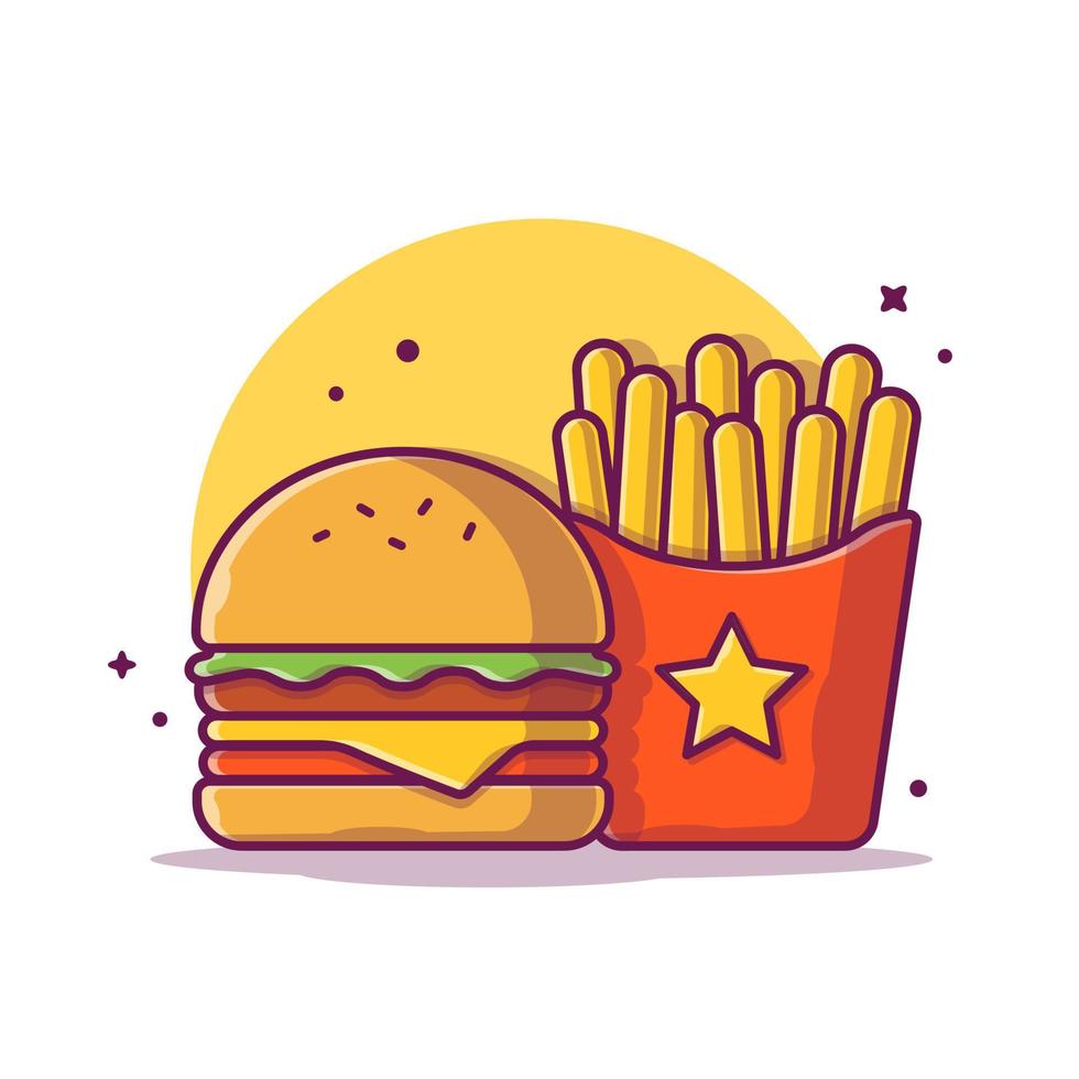 Burger With French Fries Cartoon Vector Icon Illustration.  Food Object Icon Concept Isolated Premium Vector. Flat  Cartoon Style