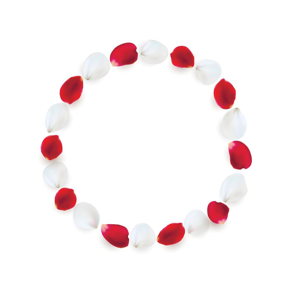 Round frame made of rose petals. White and red petals arranged in a circle. vector