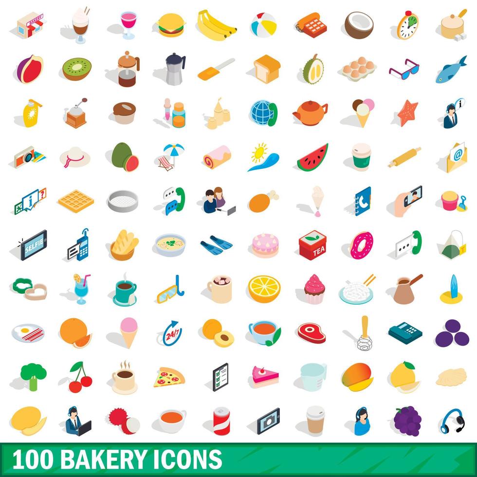 100 bakery icons set, isometric 3d style vector