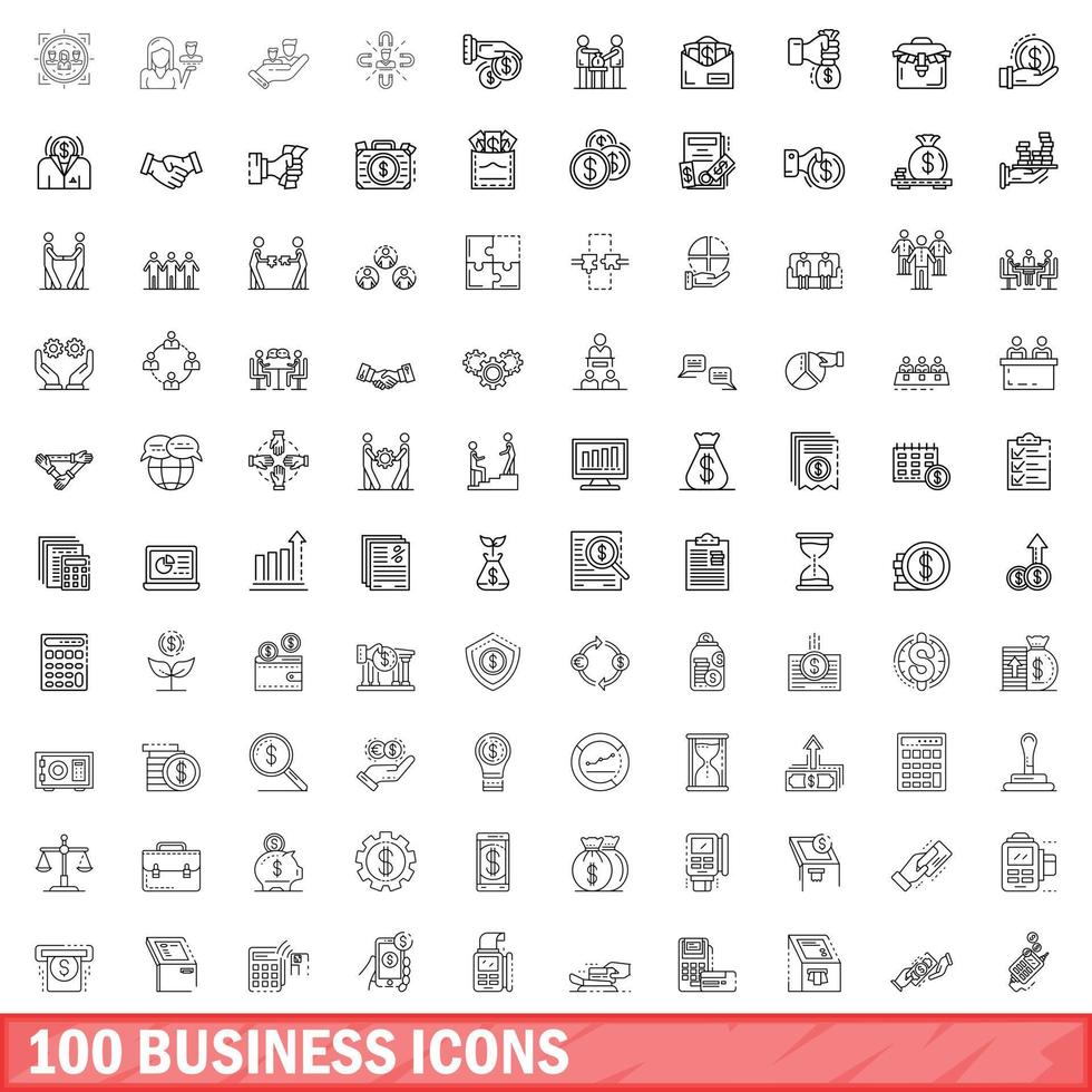 100 business icons set, outline style vector
