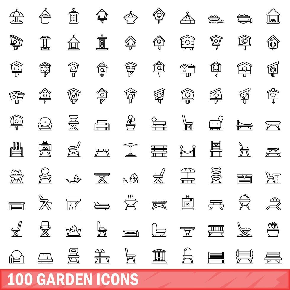 100 iconos de jardín, estilo de esquema vector