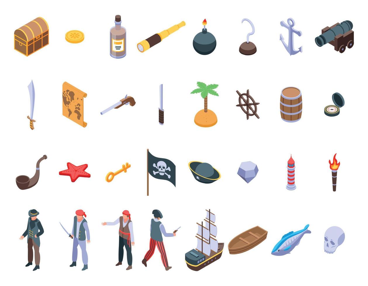Pirate icons set, isometric style vector