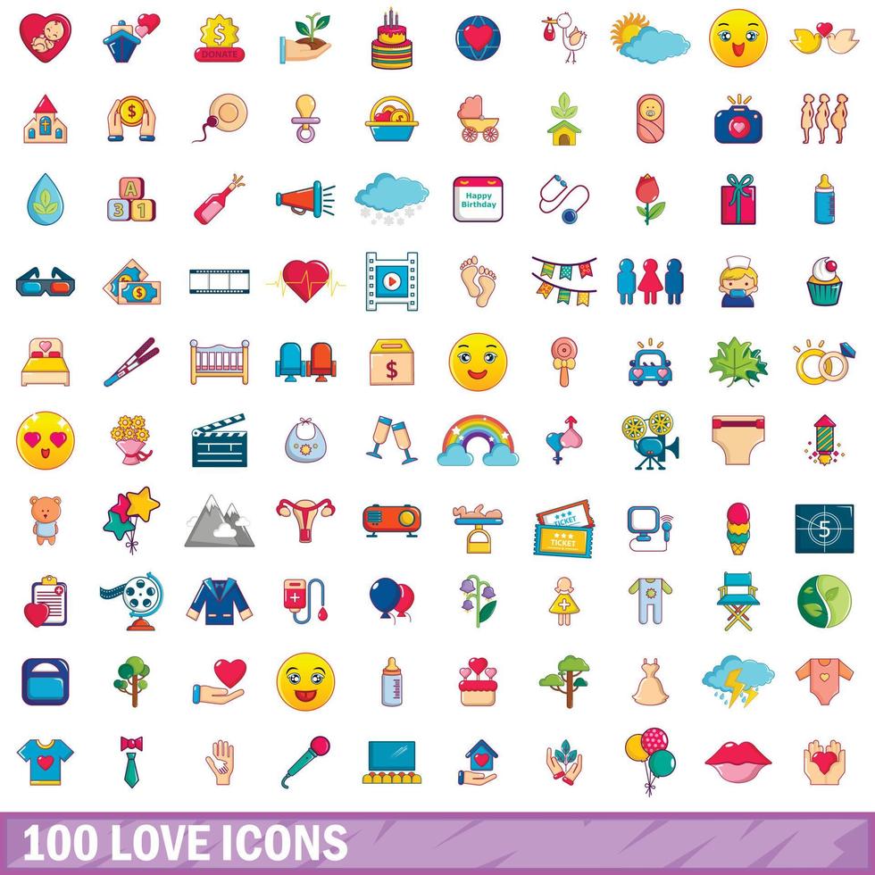 100 love icons set, cartoon style vector