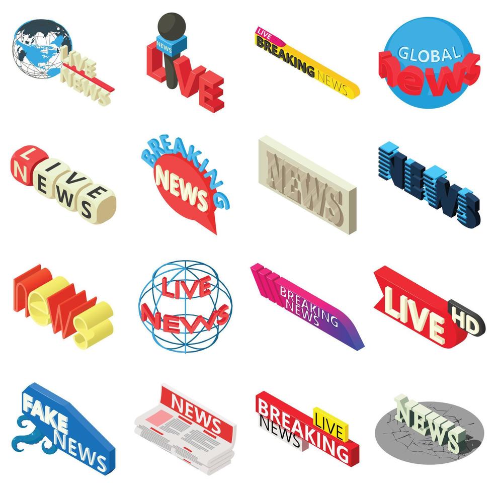 News live breaking icons set, isometric style vector