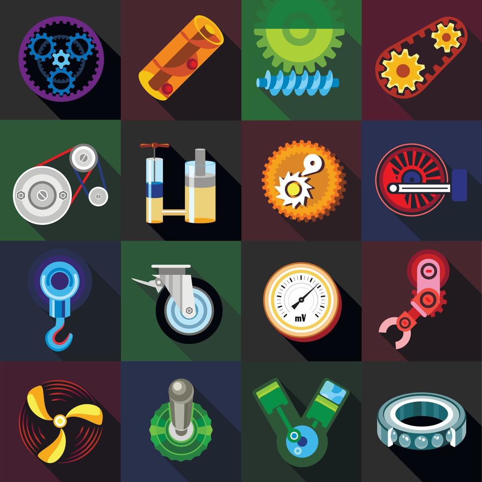 Technical mechanisms icons set, flat style vector