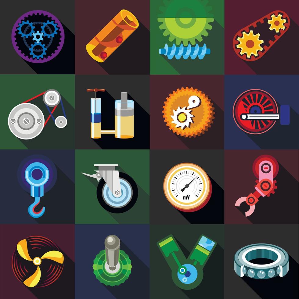 conjunto de iconos de mecanismos técnicos, estilo plano vector