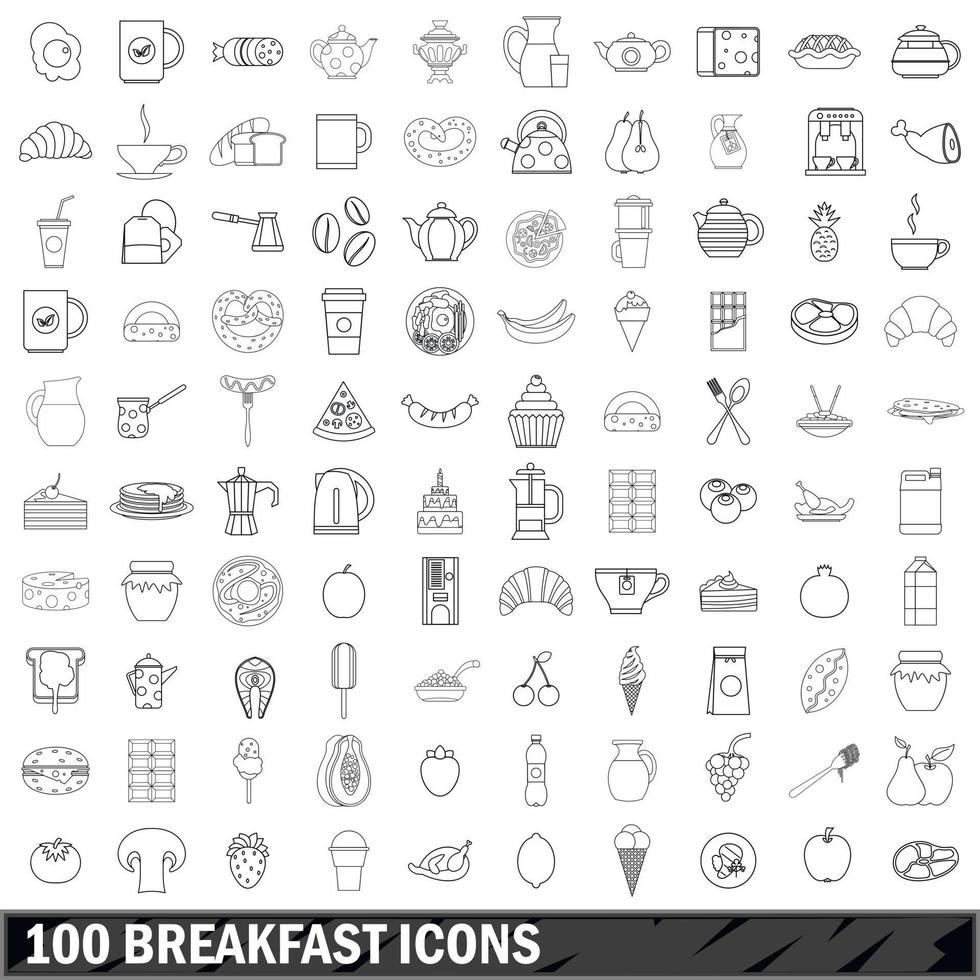 100 iconos de desayuno, estilo de esquema vector