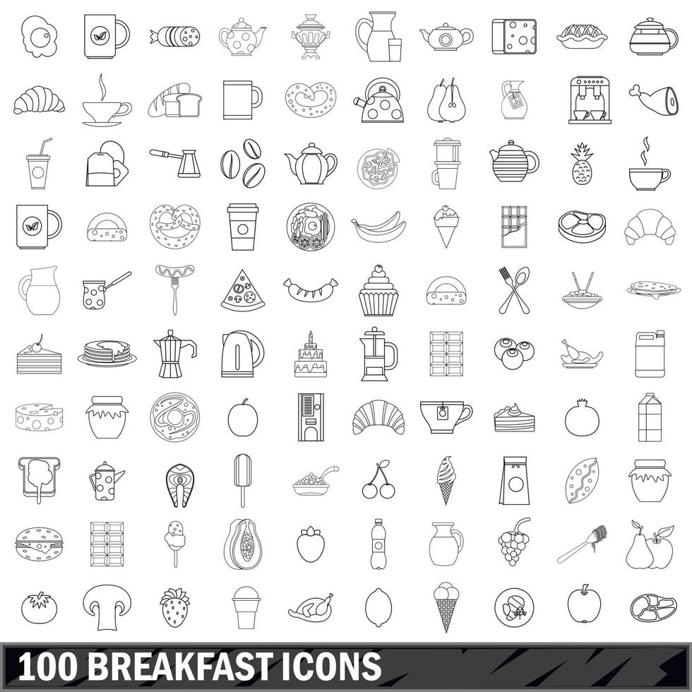 100 breakfast icons set, outline style vector