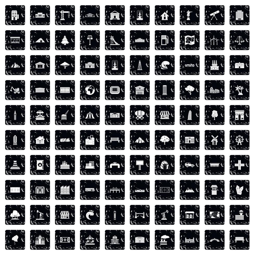 100 landscape element icons set, grunge style vector