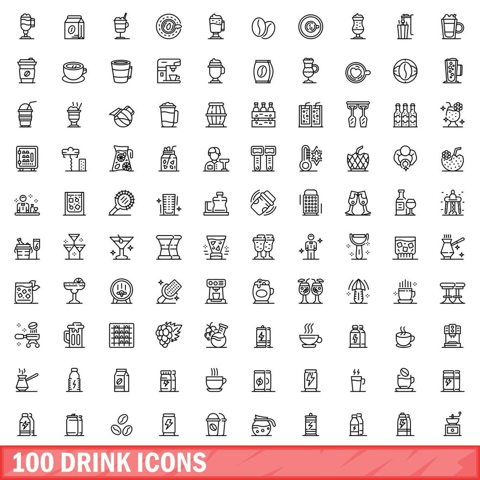 100 drink icons set, outline style vector